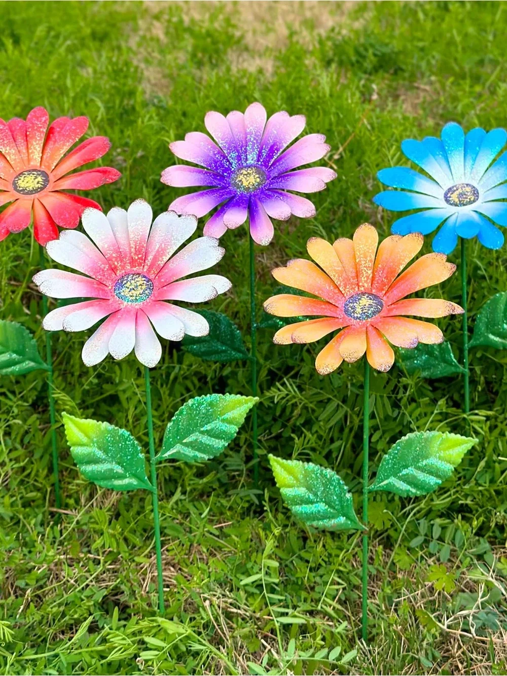 Vibrant Multi-Color Metal Daisy Garden Stakes - Set of Decorative Flower Accents